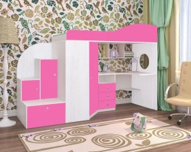 Кровать-чердак Кадет 1 с широкой лестницей Винтерберг/Розовый 80х190