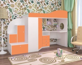 Кровать-чердак Кадет 1 с широкой лестницей Белый/Оранжевый 80х190