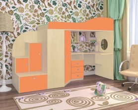 Кровать-чердак Кадет 1 с широкой лестницей Дуб молочный/Оранжевый 80х190