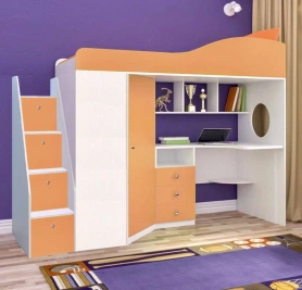 Кровать-чердак Кадет 1 с универсальной лестницей Белый/Оранжевый 80х190