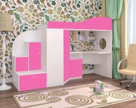 Кровать-чердак Кадет 1 с широкой лестницей Белый/Розовый 80х190