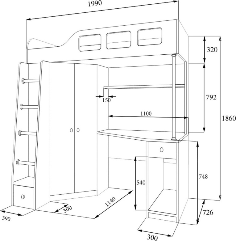Кровать чердак размеры чертеж лестница сбоку