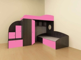 Кровать-чердак Кадет 2 с широкой лестницей Бодега темный/Розовый 90х200