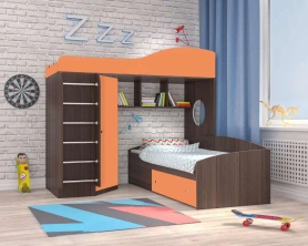 Кровать-чердак Кадет 2 с металлической лестницей Бодега темный/Оранжевый 90х200