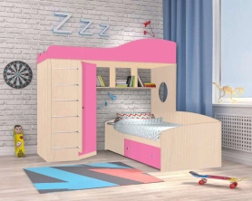 Кровать-чердак Кадет 2 с металлической лестницей Дуб молочный/Розовый 90х200