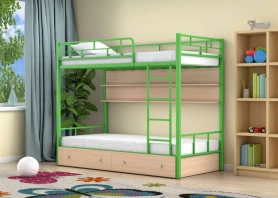 Двухъярусная кровать с ящиками и полкой Ницца 90х190 Зеленый/Дуб молочный
